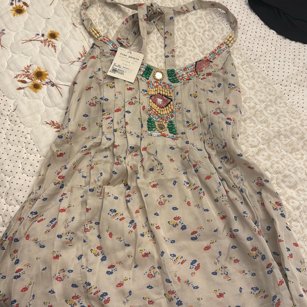 Free People floral print halter tank w/beading boho